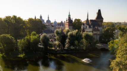 Obraz premium Vajdahunyad castle view from lakeside. Budapest, Hungary Filmed from the drone