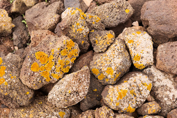 Big brown stones with yellow lichen as background