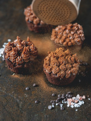 Chocolate cupcake muffin with cocoa creme on dark moody background. Homemade recipe cooking and baking
