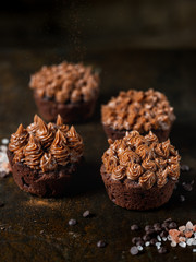 Chocolate cake muffin with cocoa creme on dark moody background. Homemade recipe cooking and baking.