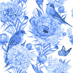 seamless, pattern, flower, peony, blue, cobalt, color, plant, blooming, fabric, print, fashionable, summer