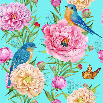 seamless pattern for textile design, flowers and birds Wallpaper, watercolor hand painting - Иллюстрация