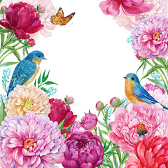flower background with blue birds for design of cards, covers .Watercolor illustration on isolated white background