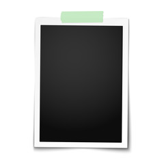 Realistic vector classic photo frame with straight edges on light green adhesive, sticky tape placed vertically on white background. Template photo design.
