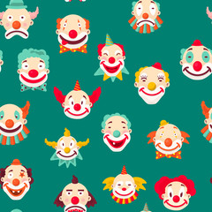 Clowns entertaining people emotions of man seamless pattern on green background.