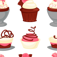 Bakery and cakes baked culinary products seamless pattern vector.