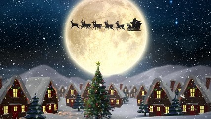 Video composition with snow over night winter scenery with santa on sleigh - Powered by Adobe