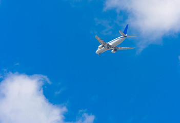 A large passenger airliner is a plane with a big wingspan high in the sky. Transport tourists for...