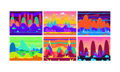 Flat vector set of cartoon horizontal landscapes. Fantasy seamless backgrounds with hills and rivers