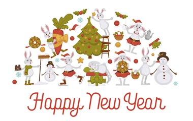 2019 New year celebration, bunny with snowman winter character vector.