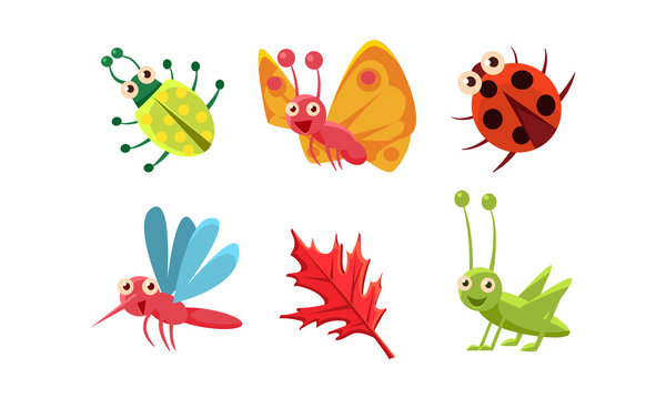 Flat vector set of cute insects and red leaf. Grasshopper, butterfly, ladybug and mosquito. Funny cartoon characters