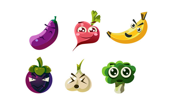 Flat vector set of humanized vegetables and fruits with different emotions. Funny cartoon characters
