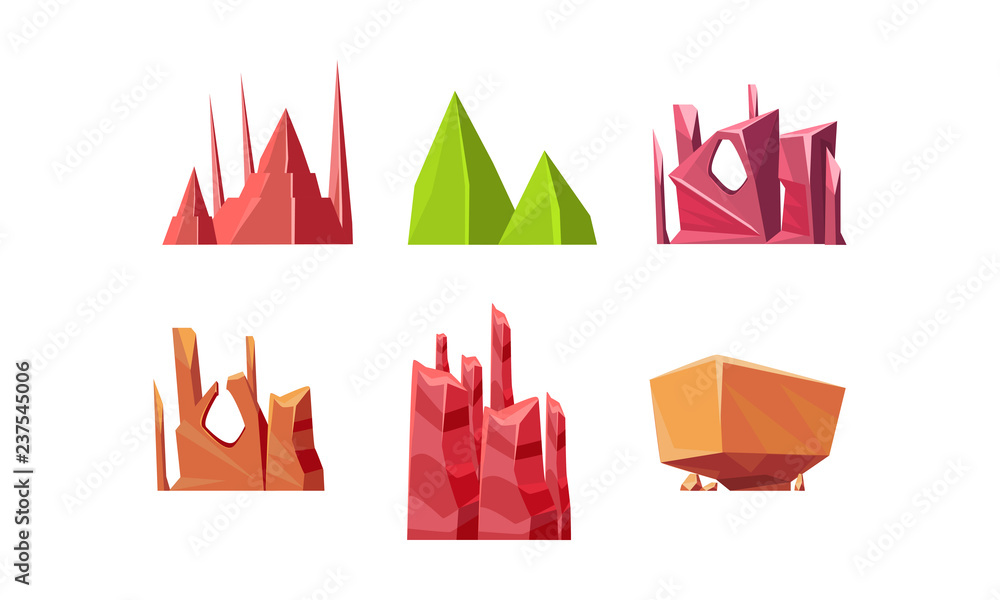 Poster flat vector set of stones of different shapes. natural elements for creating landscape background of