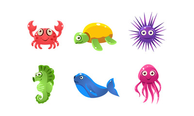 Set of cartoon sea creatures with funny faces. Marine animals. Flat vector for mobile game of children book