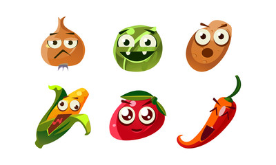 FLat vector set of emotional vegetables. Funny cartoon characters with different facial expressions