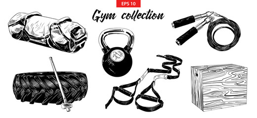 Vector engraved style illustrations for posters, logo, emblem and badge. Hand drawn sketch set of gym and fitness equipment, weight, sandbag, training tire and hummer. Detailed vintage etching drawing - obrazy, fototapety, plakaty