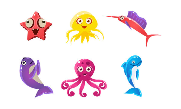Flat vector set of marine animals with funny faces. Cartoon sea creatures. Underwater life theme