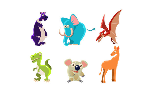 Flat vector set of wild animals and Jurassic period creatures. Funny cartoon characters. Wildlife theme