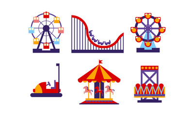 Obraz na płótnie Canvas Flat vector set of amusement park elements. Funfair attractions and carousels. Entertainment theme