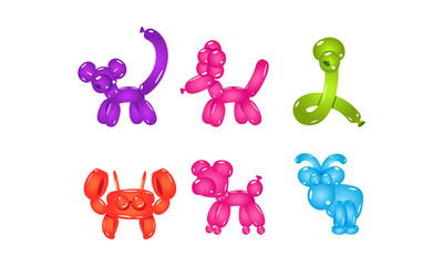 Flat vector set of colorful animal-shaped balloons. Bright inflatable toys for children party
