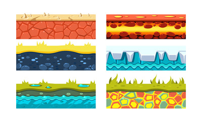 Obraz premium Flat vector set of 6 platforms for mobile game. Blocks with dry soil, lava, green grass, ice and water. Gaming assets.