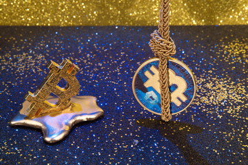 Bitcoin crash,decline,melts.Security and trust problem. Crypto currency bear market or depression concept.Crisis on crypto currency investment trading metaphor.