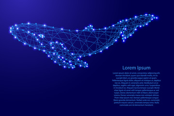Whale swimming under water from futuristic polygonal blue lines and glowing stars for banner, poster, greeting card. Vector illustration.