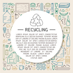 Recycling information placard with different types of waste and sample text. Linear style vector illustration