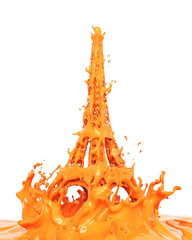 Liquid splash of orange juice flavor in eiffel tower paris form, isolated on white background. Design creative drink concept, 3d rendering illustration.