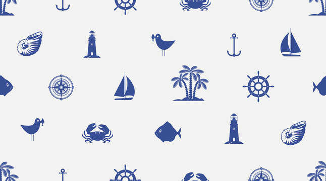 Vector seamless pattern with cute sea objects, anchor, sailboat, lighthouse, crab, fish, seagull, palm, seashell. Blue elements of marine design on light background