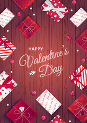 Happy Valentine's Day greeting card. Top view on gift boxes in different packaging, candy in the form of heart on a wooden table. Festive romantic love background, web banner. Vector illustration.