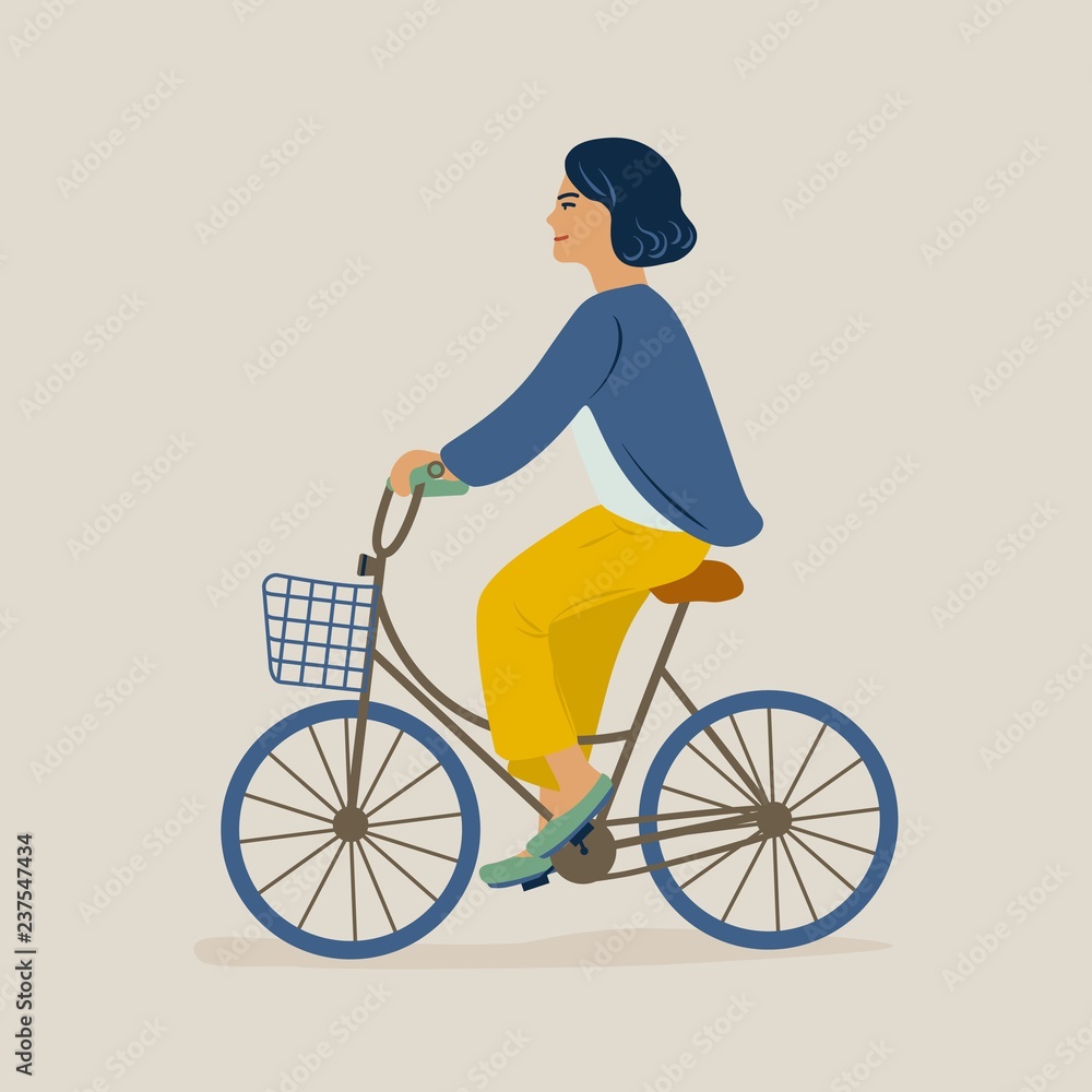 Sticker young smiling woman or girl dressed in casual clothes riding bicycle. female character on bike. peda