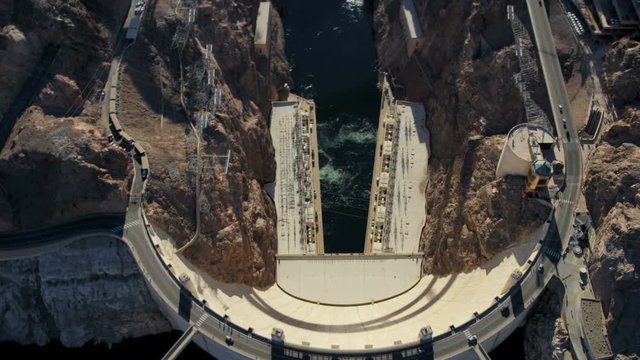 Aerial view Hoover Dam producing hydroelectricity Colorado River Bridge on US 93 near Las Vegas Nevada 
