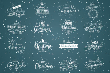 Merry Christmas. Happy New Year set 2019. Typography vector logo, emblems, text design. Usable for banners, greeting cards, gifts etc blue color.