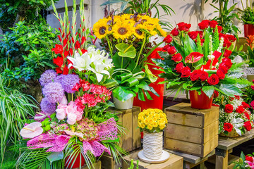Flower market with various multicolored fresh flowers. Selective focus