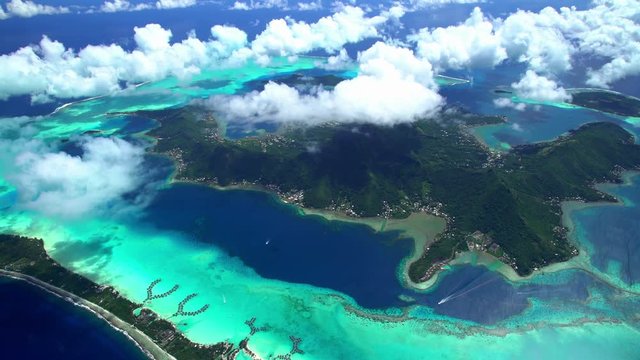Aerial view of luxury vacation resorts Bora Bora Island South Pacific Ocean 
