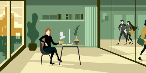 Modern urban eco green office interior with glass wall
