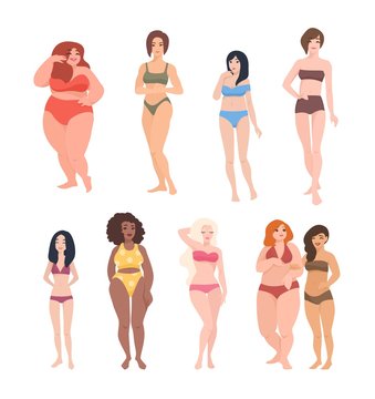 Collection of gorgeous women of different race, height and figure type dressed in swimwear. Cute female cartoon characters isolated on white background. Colorful vector illustration in flat style.