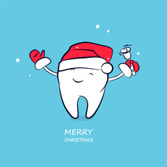 Cute smiling cartoon tooth in santa hat in red mittens and bell. Vector concept of New Year and Christmas greeting for the dental clinic. Winter holidays in dentistry.