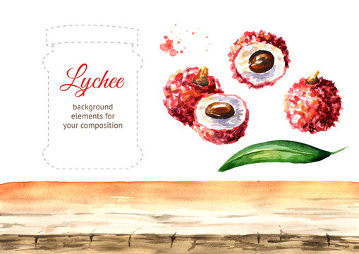 Fresh lychee fruits elements set. Watercolor hand drawn illustration  isolated on white background