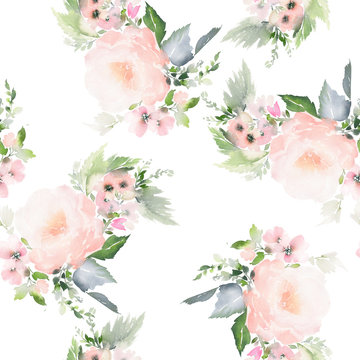 Seamless summer pattern with watercolor flowers handmade.