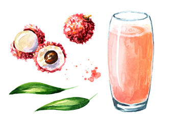 Lychee juice elements set. Watercolor hand drawn illustration  isolated on white background