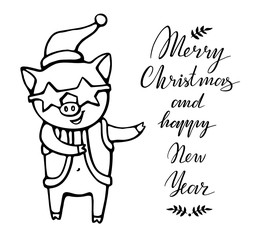 Merry Christmas greeting card with Pig in a Santa's clothes, a red cap and star glasses. 2019 year of the pig. Christmas card, poster, t-shirt composition, hand drawn print. Vector illustration
