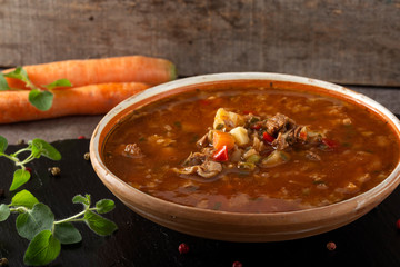 Eastern Europe traditional soup or borsch made with beef meat and vegetables