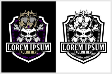unique king skull wearing crown with cross bone and shield badge crest logo template