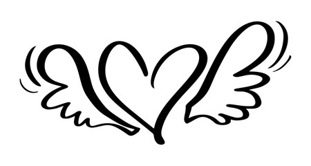 Vector Valentines Day Hand Drawn Calligraphic Heart with wings. Holiday Design element valentine. Icon love decor for web, wedding and print. Isolated Calligraphy lettering illustration