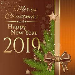 Christmas design 2019 with Christmas tree and greeting inscription. Merry Christmas and Happy New Year. Vector illustration
