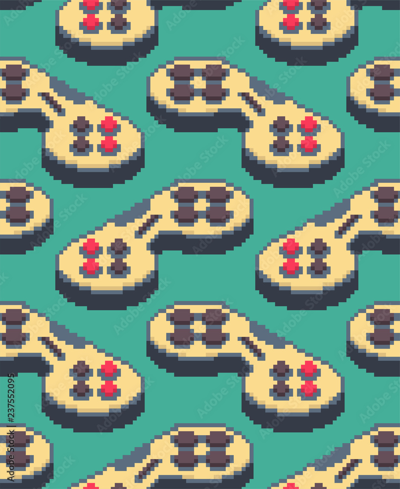 Poster gamepad pixel art pattern seamless. joystick 8bit background. video game old school control lever