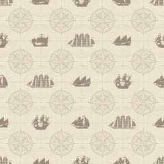 Vector seamless pattern on the theme of nautical travel, adventure and discovery. Wind roses, world maps and various sailing ships in retro style on a beige background