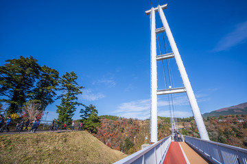 Kuju, oita, Japan, November 11, 2018: Kokonoe Yume Suspension Bridge (otsurihashi), the most highest suspension bridge for walkway in Japan.